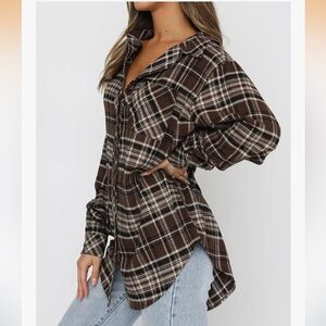 LaCozy Women’s Oversized Flannel Shirt in Brown Plaid